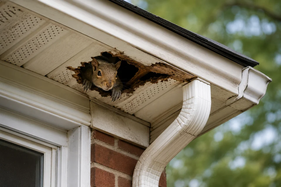 Squirrel entering an attic through a damaged soffit opening
