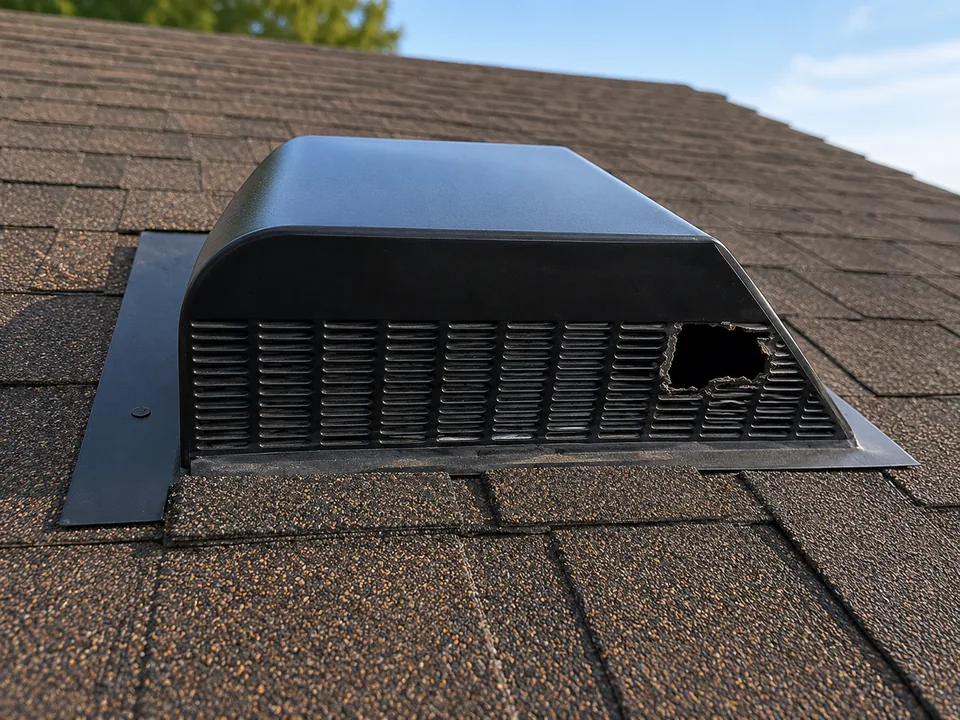 Damaged roof vent with an opening that may allow squirrel access